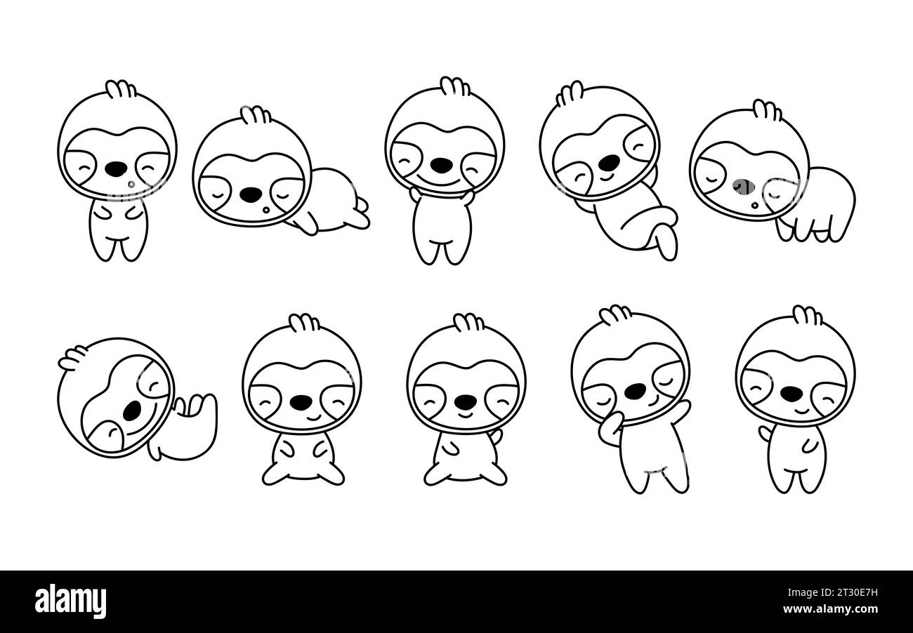 Set of Cartoon Isolated Sloth Coloring Page. Cute Vector Kawaii Animals Outline. Collection of Cute Vector Baby Sloth Outline for Stickers, Baby Stock Vector