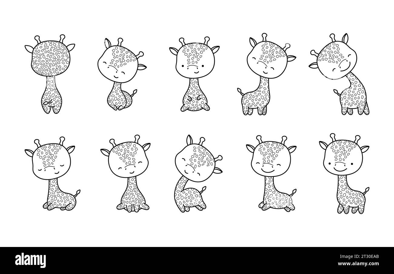 Set of Cartoon Isolated Giraffe Coloring Page. Cute Vector Kawaii Animals Outline. Collection of Cute Vector Baby Giraffe Outline for Stickers, Baby Stock Vector