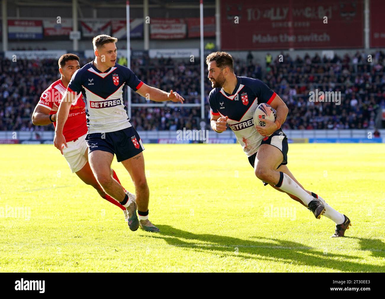 England's Toby King on his way to score his side's first try of the game during the International Test Series match at the Totally Wicked Stadium, St. Helens. Picture date: Sunday October 22, 2023. Stock Photo