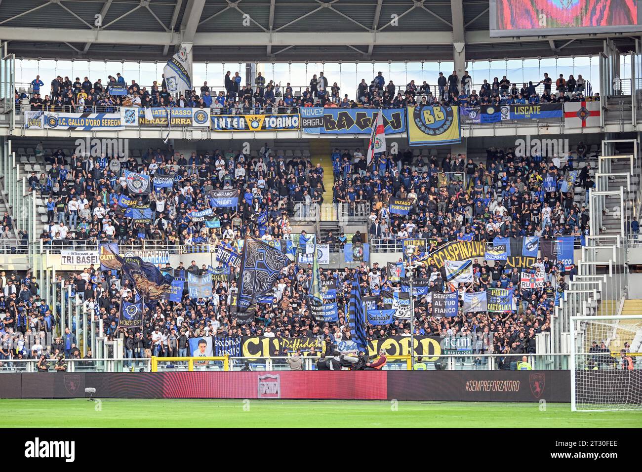 Turin, Italy. 21st Oct, 2023. Football fans of Inter seen on the stands in the away section during the Serie A match between Torino and Inter at Stadio Olimpico in Torino. (Photo Credit: Gonzales Photo/Alamy Live News Stock Photo