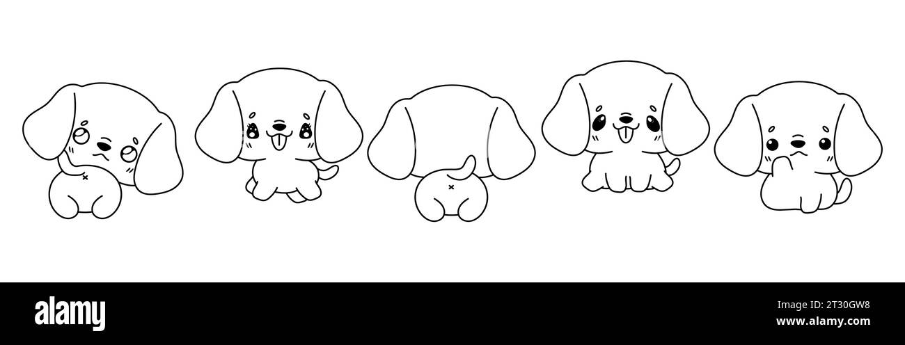Set of Vector Cartoon Pet Coloring Page. Collection of Kawaii Isolated Beagle Dog Outline for Stickers, Baby Shower, Coloring Book, Prints for Clothes Stock Vector