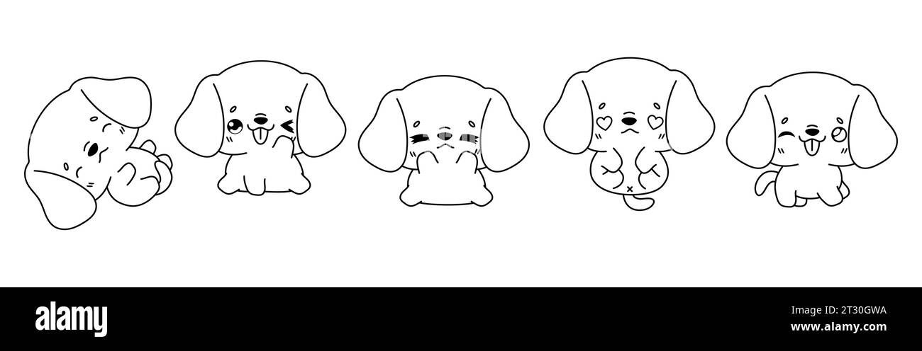 Set of Kawaii Isolated Beagle Dog Coloring Page. Collection of Cute Vector Cartoon Animal Outline for Stickers, Baby Shower, Coloring Book, Prints for Stock Vector