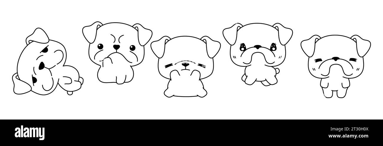 Collection of Vector Cartoon Bulldog Dog Coloring Page. Set of Kawaii Isolated Pet Outline for Stickers, Baby Shower, Coloring Book, Prints for Stock Vector