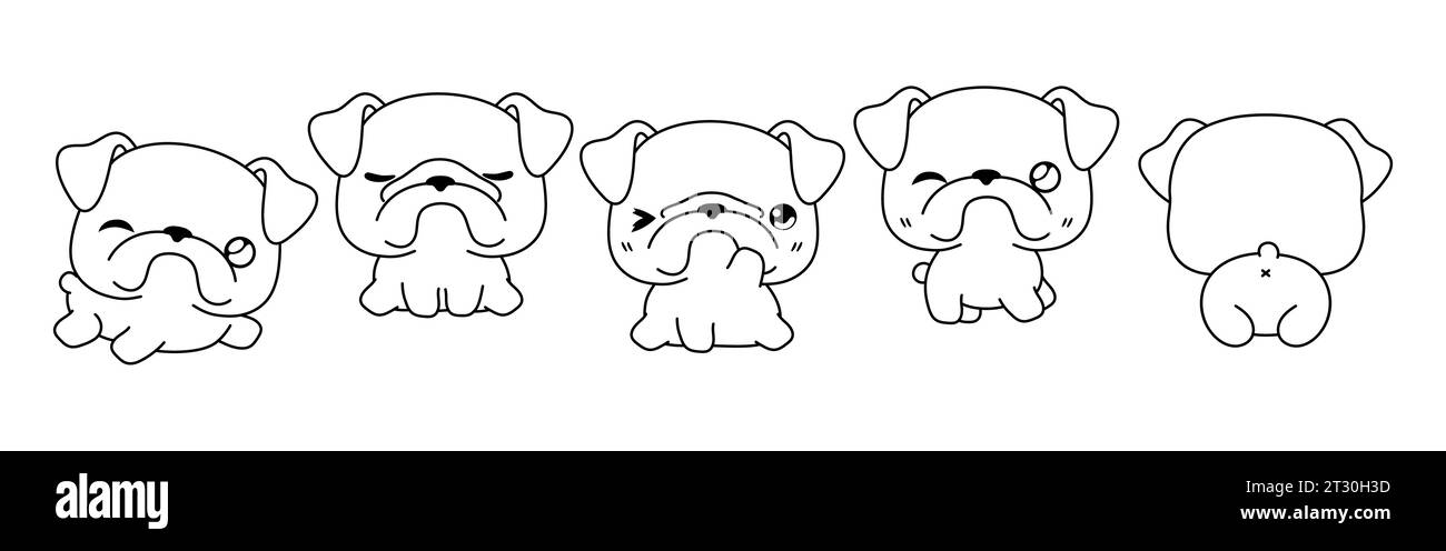 Set of Vector Cartoon Animal Coloring Page. Collection of Kawaii Isolated Bulldog Dog Outline for Stickers, Baby Shower, Coloring Book, Prints for Stock Vector