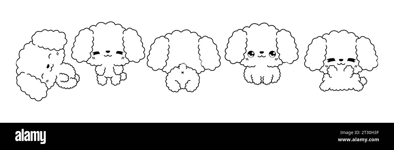Set of Vector Cartoon Dog Coloring Page. Collection of Kawaii Isolated Poodle Dog Outline for Stickers, Baby Shower, Coloring Book, Prints for Clothes Stock Vector