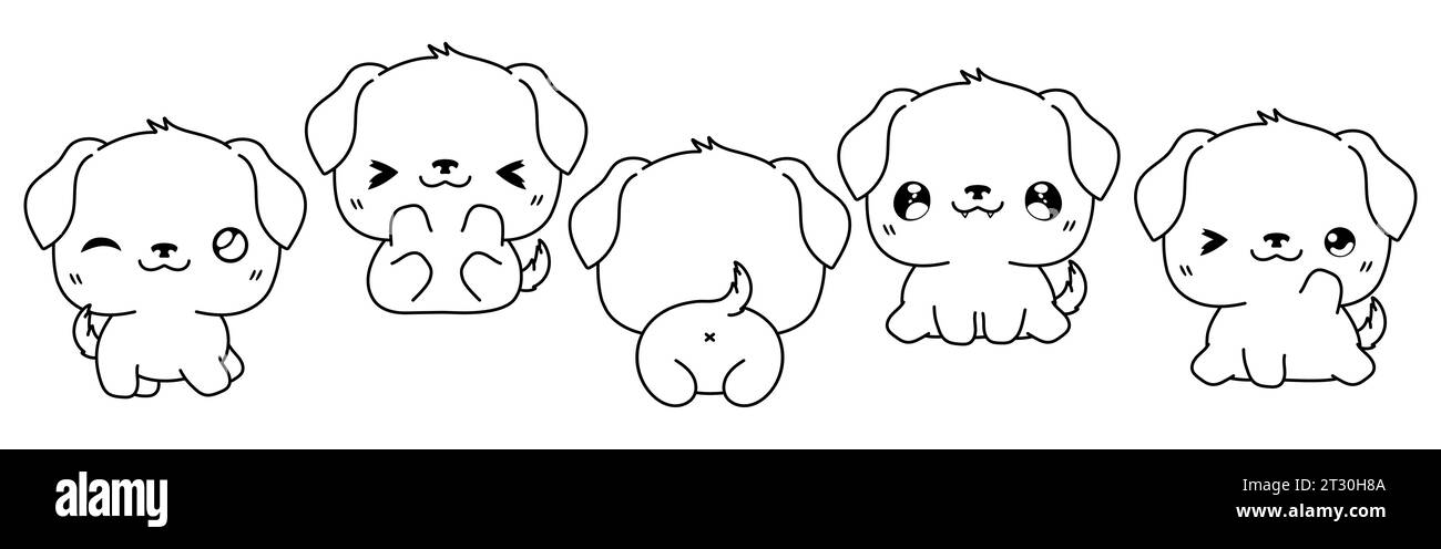 Set of Vector Cartoon Rottweiler Dog Coloring Page. Collection of Kawaii Isolated Dog Outline for Stickers, Baby Shower, Coloring Book, Prints for Stock Vector