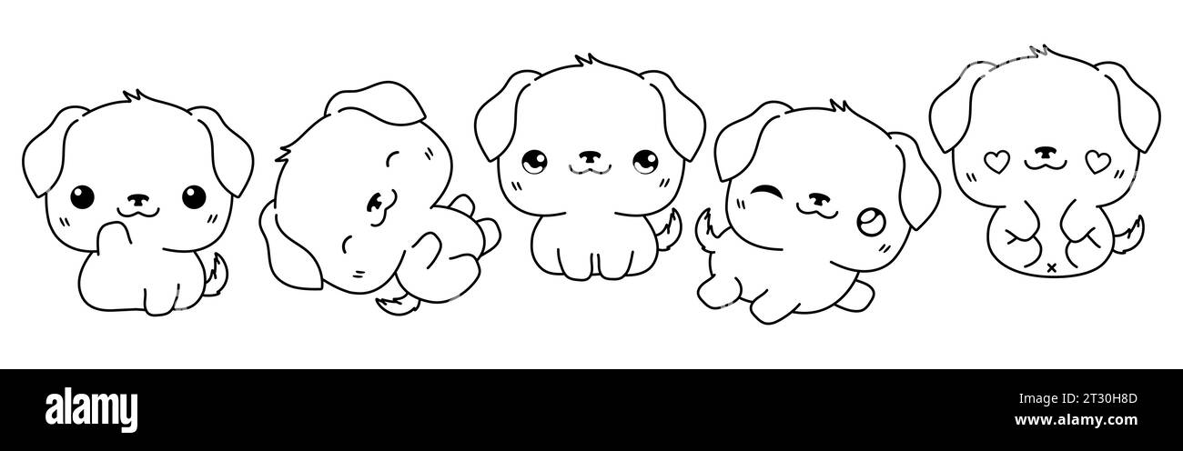Set of Kawaii Isolated Dog Coloring Page. Collection of Cute Vector Cartoon Rottweiler Dog Outline for Stickers, Baby Shower, Coloring Book, Prints Stock Vector