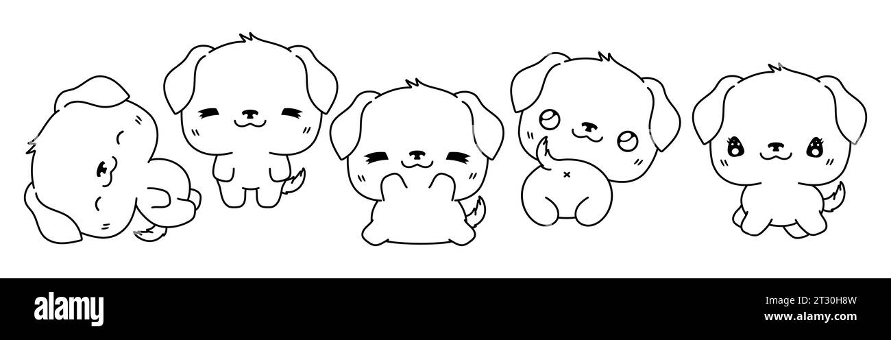 Collection of Vector Cartoon Puppy Coloring Page. Set of Kawaii Isolated Rottweiler Dog Outline for Stickers, Baby Shower, Coloring Book, Prints for Stock Vector