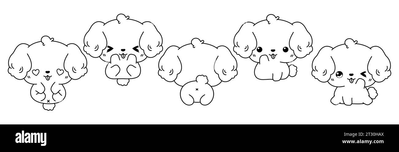 Set of Kawaii Isolated Bichon Frise Dog Coloring Page. Collection of Cute Vector Cartoon Animal Outline for Stickers, Baby Shower, Coloring Book Stock Vector