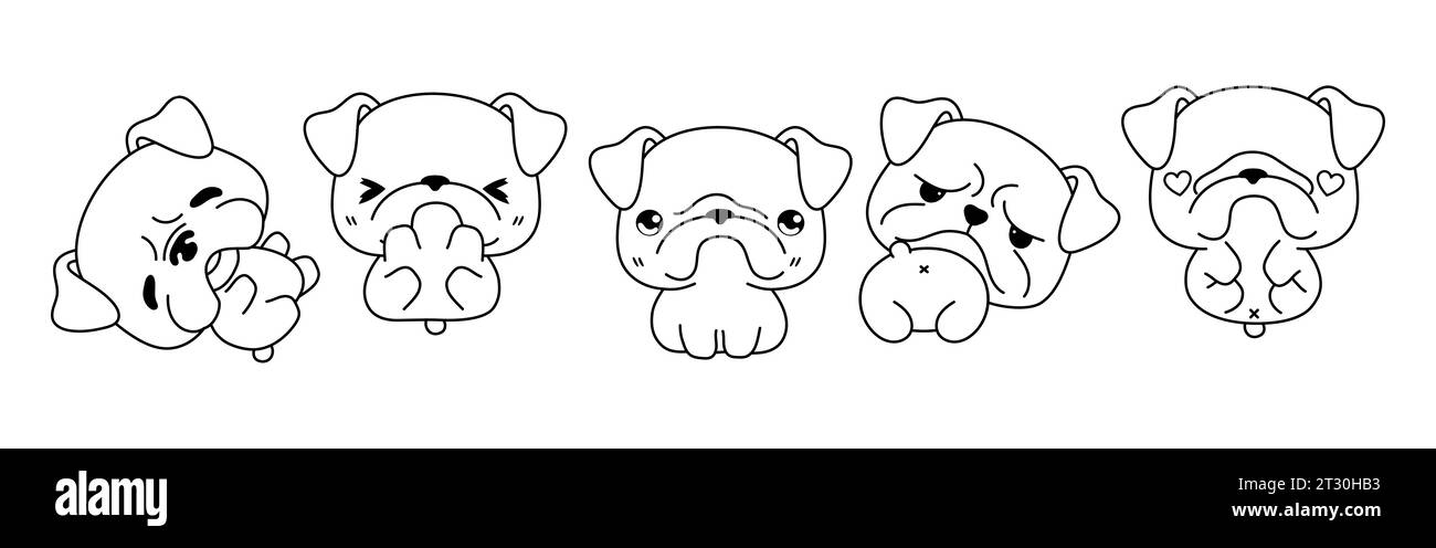 Set of Kawaii Isolated Bulldog Dog Coloring Page. Collection of Cute Vector Cartoon Puppy Outline for Stickers, Baby Shower, Coloring Book, Prints for Stock Vector