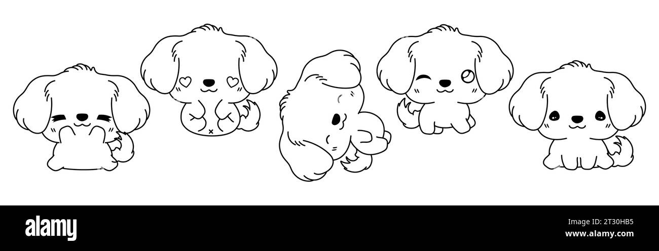 Collection of Vector Cartoon Golden Retriever Dog Coloring Page. Set of Kawaii Isolated Animal Outline for Stickers, Baby Shower, Coloring Book Stock Vector