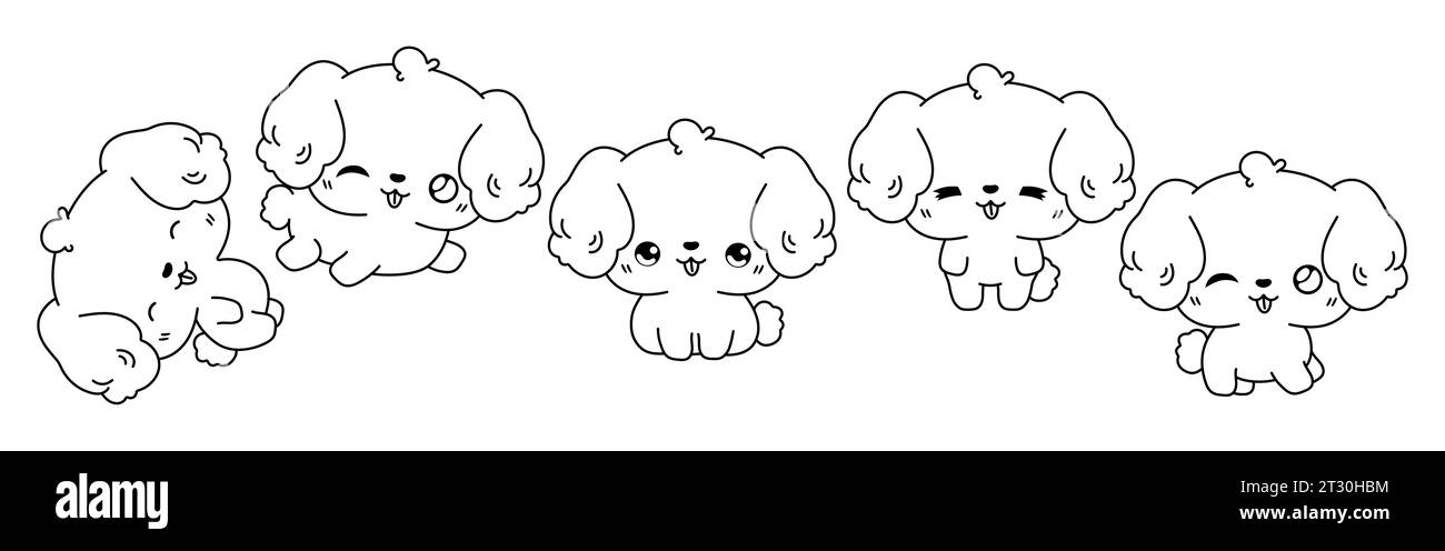 Collection of Vector Cartoon Bichon Frise Dog Coloring Page. Set of Kawaii Isolated Puppy Outline for Stickers, Baby Shower, Coloring Book, Prints for Stock Vector