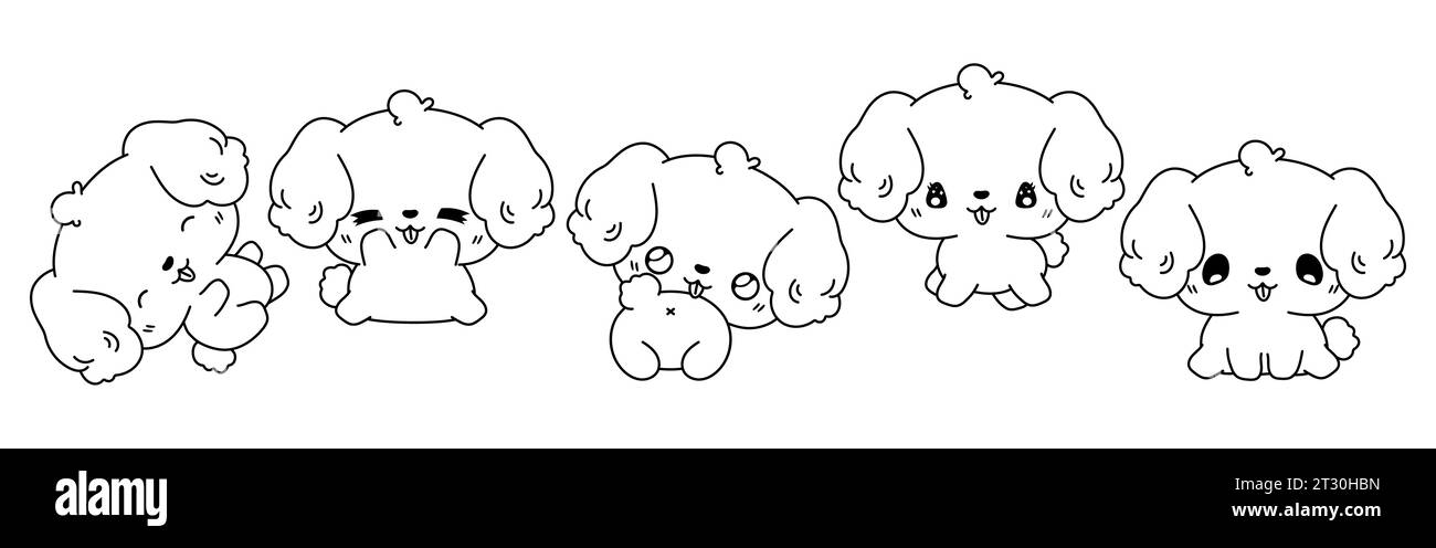 Set of Vector Cartoon Dog Coloring Page. Collection of Kawaii Isolated Bichon Frise Dog Outline for Stickers, Baby Shower, Coloring Book, Prints for Stock Vector