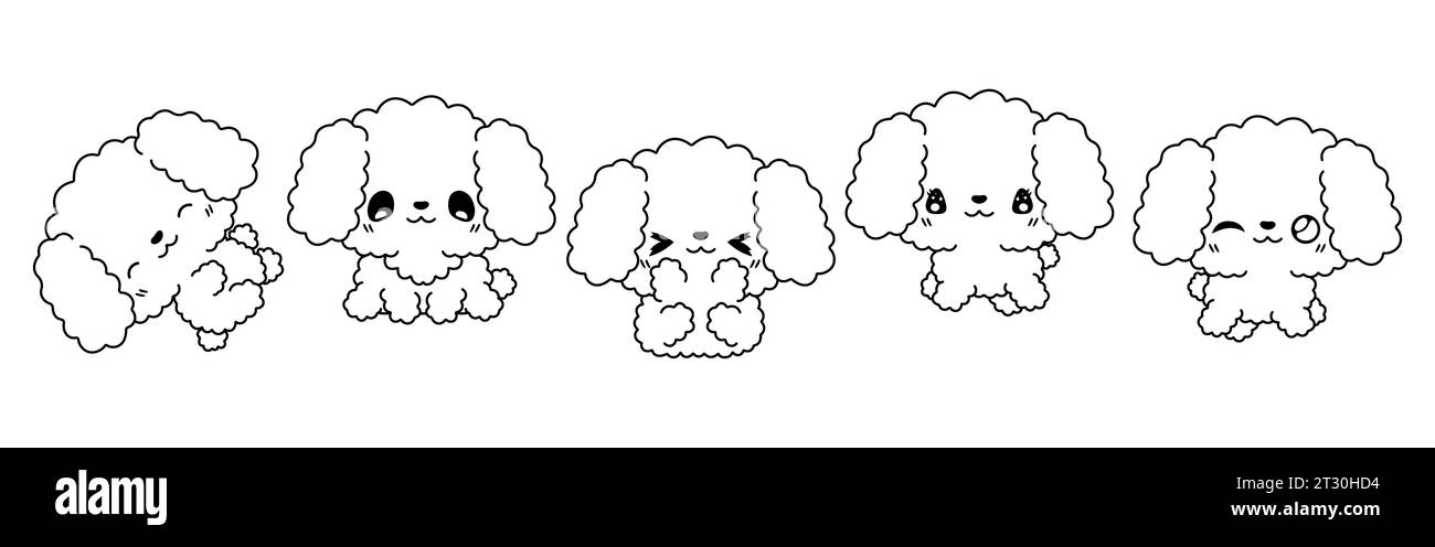 Collection of Vector Cartoon Poodle Dog Coloring Page. Set of Kawaii Isolated Dog Outline for Stickers, Baby Shower, Coloring Book, Prints for Clothes Stock Vector