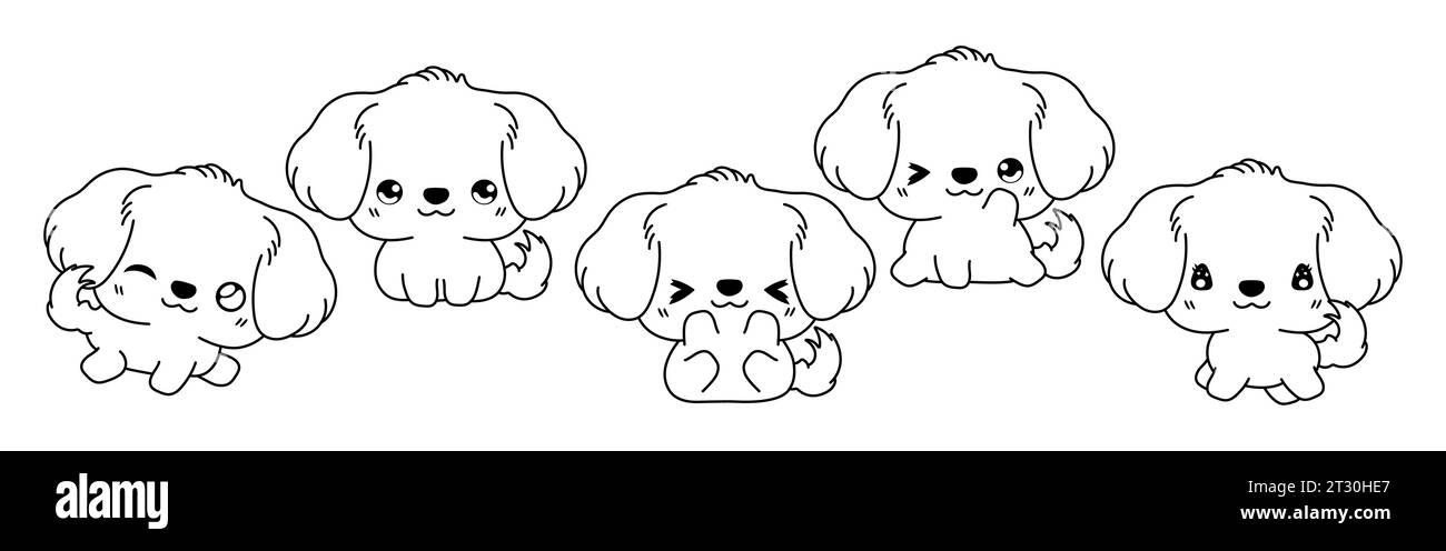 Set of Kawaii Isolated Golden Retriever Dog Coloring Page. Collection of Cute Vector Cartoon Animal Outline for Stickers, Baby Shower, Coloring Book Stock Vector