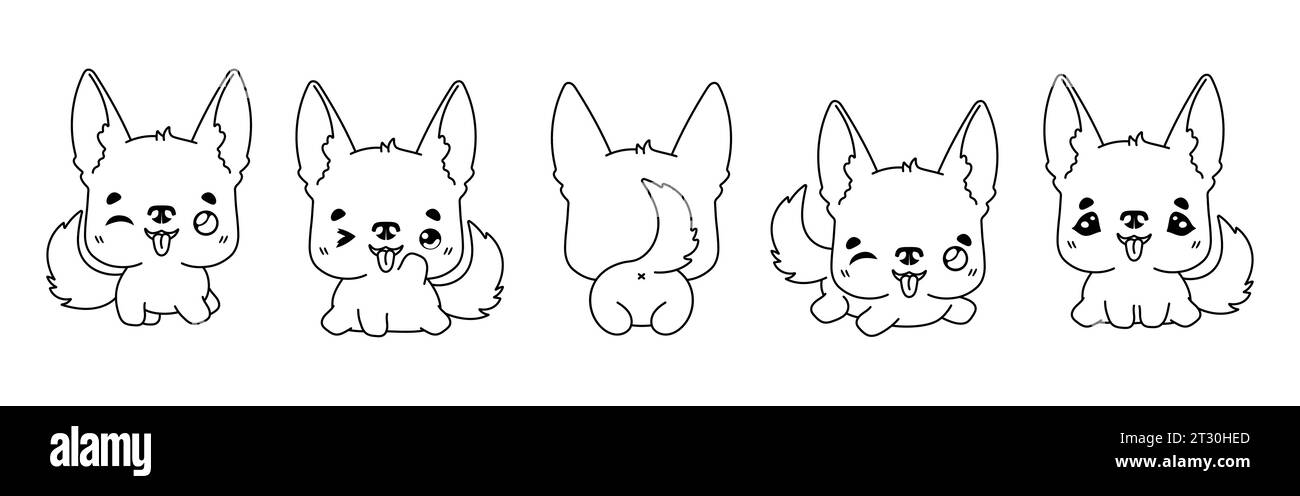 Collection of Vector Cartoon German Shepherd Dog Coloring Page. Set of Kawaii Isolated Animal Outline for Stickers, Baby Shower, Coloring Book, Prints Stock Vector