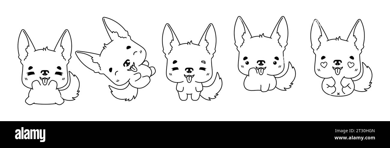 Set of Kawaii Isolated German Shepherd Dog Coloring Page. Collection of Cute Vector Cartoon Animal Outline for Stickers, Baby Shower, Coloring Book Stock Vector