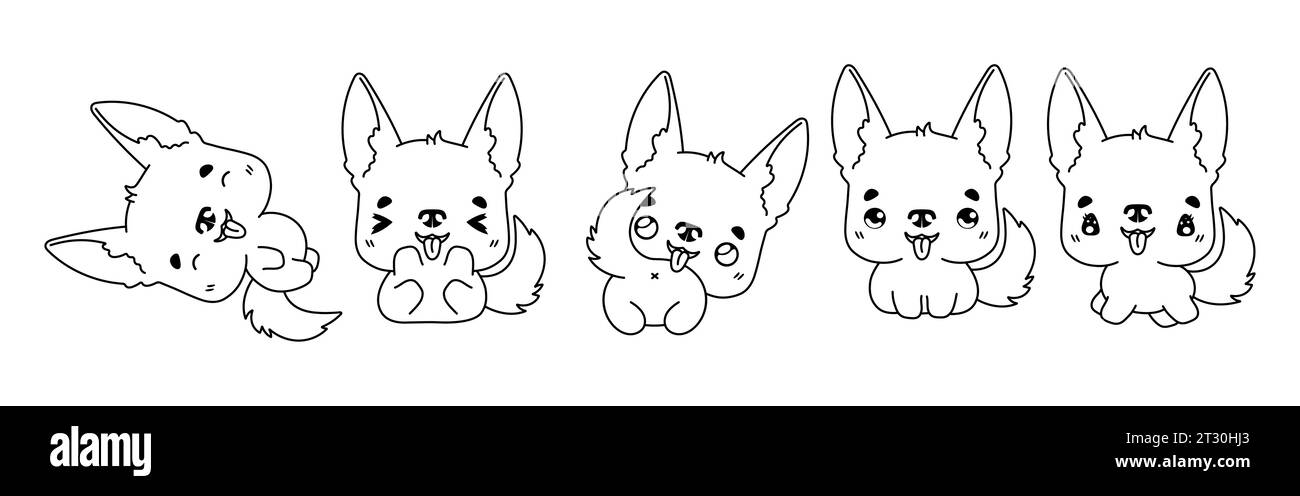 Set of Vector Cartoon Animal Coloring Page. Collection of Kawaii Isolated German Shepherd Dog Outline for Stickers, Baby Shower, Coloring Book, Prints Stock Vector