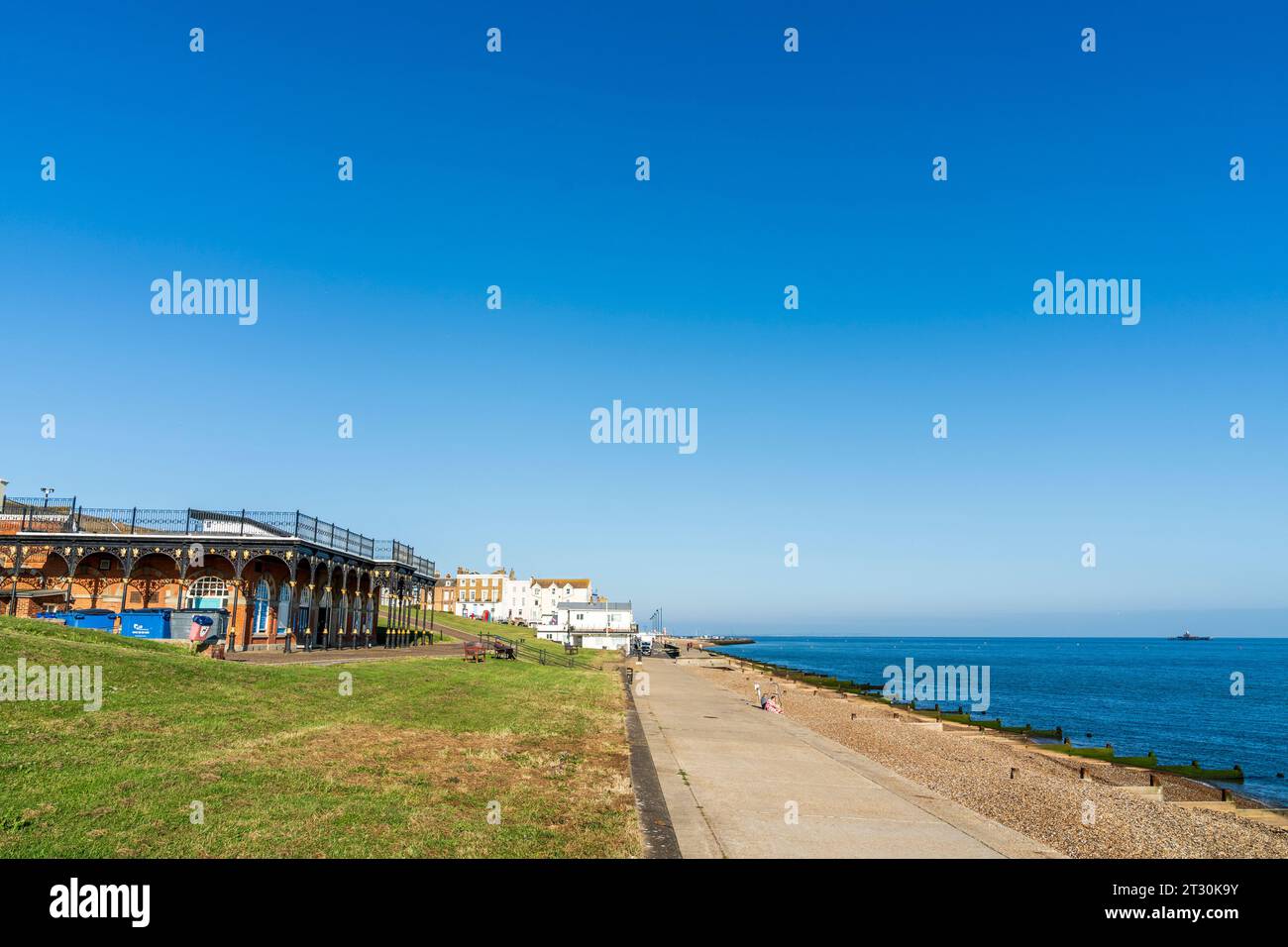 Edwardian period concert hall, The King's hall, facing the sea and beach on the seafront at the Kent resort town of Herne bay, Kent. Clear blue sky. Stock Photo