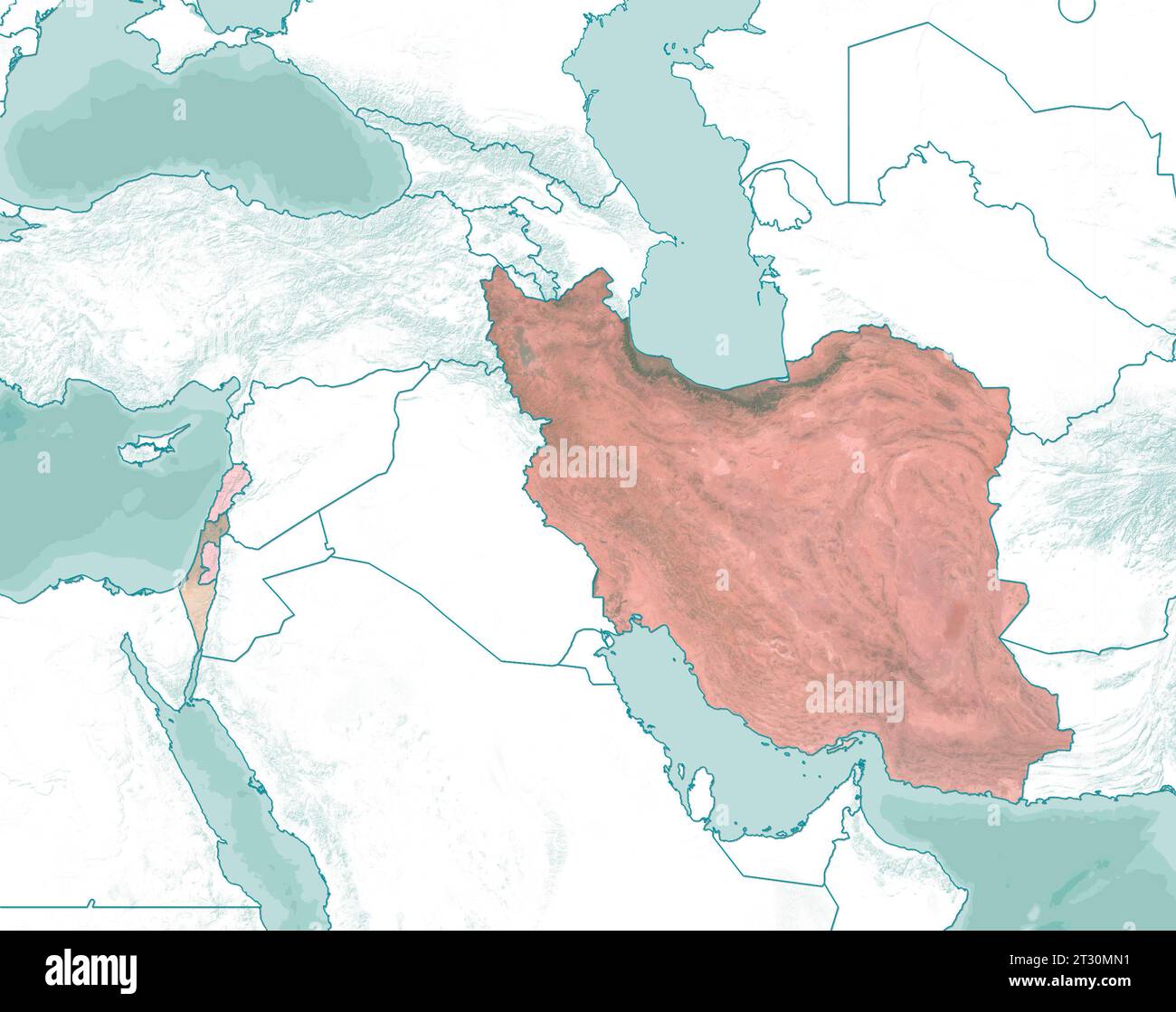 Map of Israel, Gaza Strip, West Bank, Lebanon and Iran, Middle East. Highlighted States, coalitions. Map and borders, reliefs and lakes. Nasa Stock Photo