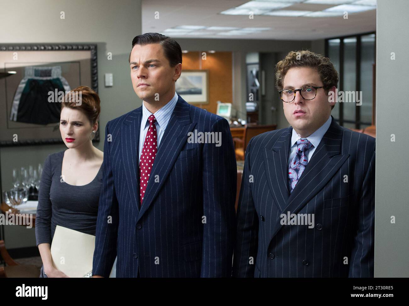 The Wolf of Wall Street  Aya Cash, Leonardo DiCaprio & Jonah Hill Stock Photo