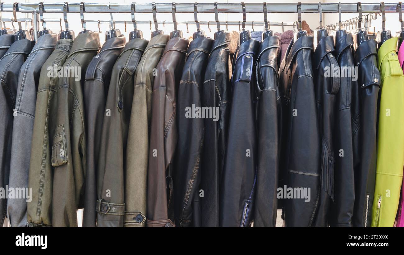 Coat hanger leather jacket hi-res stock photography and images - Alamy