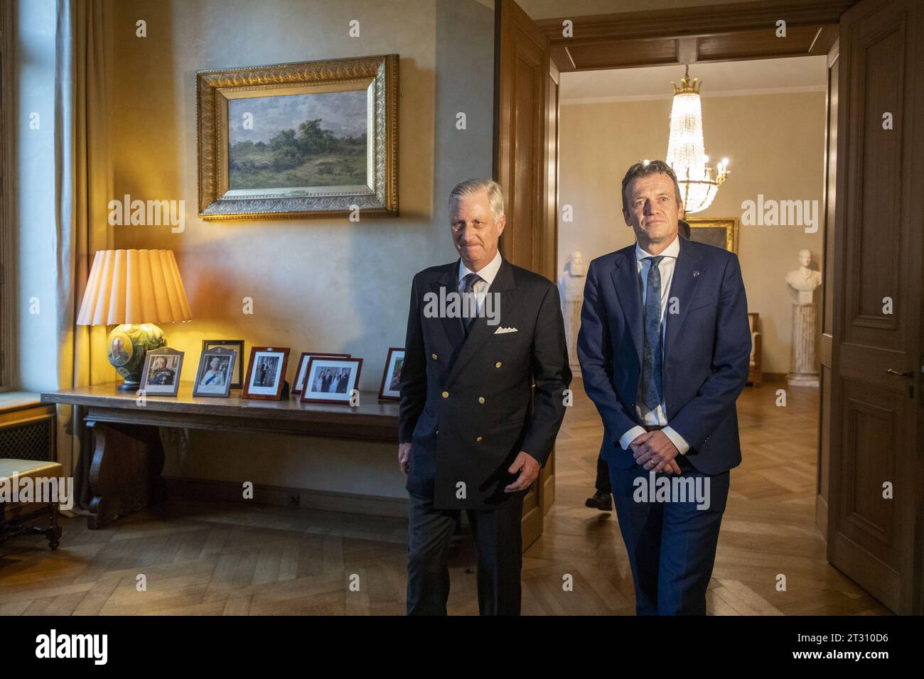 Brussels, Belgium. 22nd Oct, 2023. King Philippe - Filip of Belgium and Newly appointed Minister of Justice Paul Van Tigchelt pictured ahead of the oath ceremony of the new Minister for Justice at the Royal Palace in Brussels on Sunday 22 October 2023. BELGA PHOTO NICOLAS MAETERLINCK Credit: Belga News Agency/Alamy Live News Stock Photo