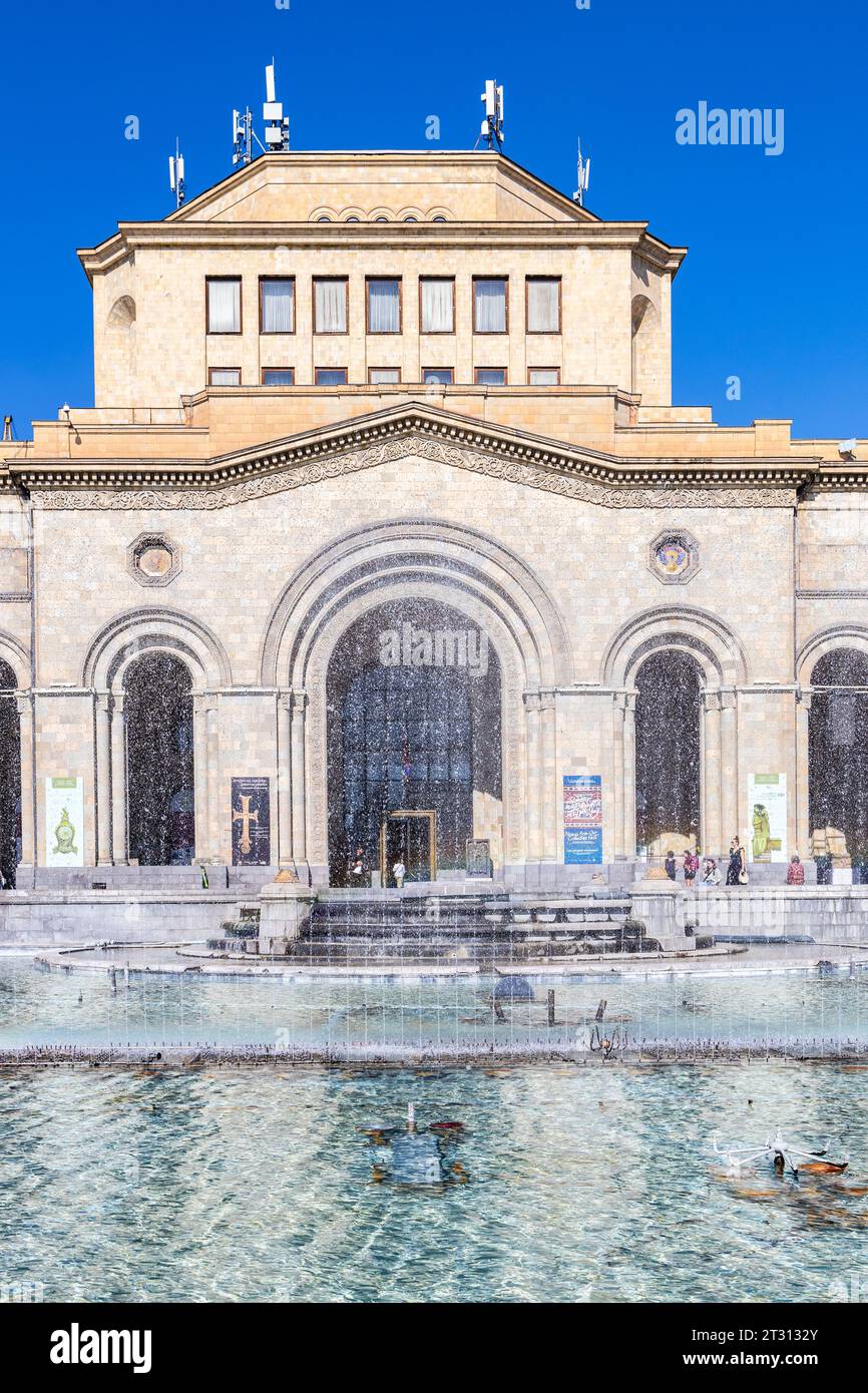 Yerevan, Armenia - September 14, 2023: view through fountain of History Museum of Armenia and National Gallery of Armenia on Republic Square in centra Stock Photo