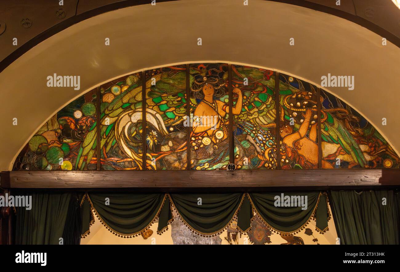 Interior with art nouveau stained glass decoration, Jama Michalika cafe and restaurant, Krakow, Poland Stock Photo