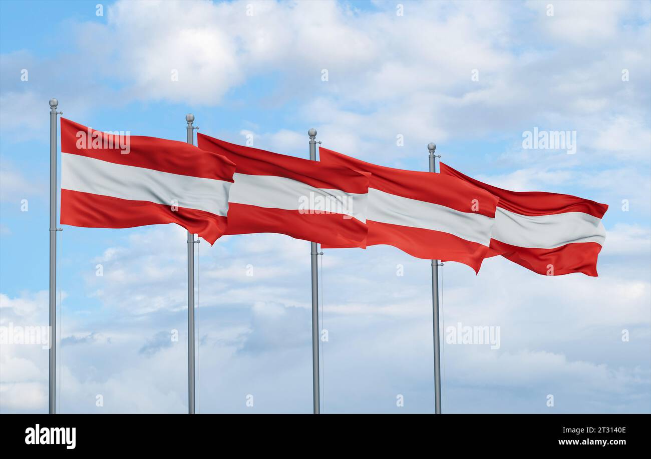 Austria four flags in row waving together on blue cloudy sky, multiple ...