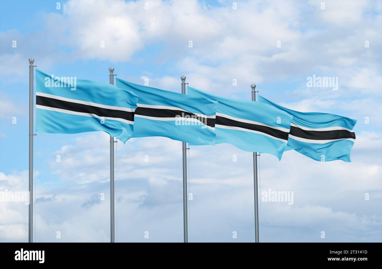 Botswana four flags in row waving together on blue cloudy sky, multiple ...