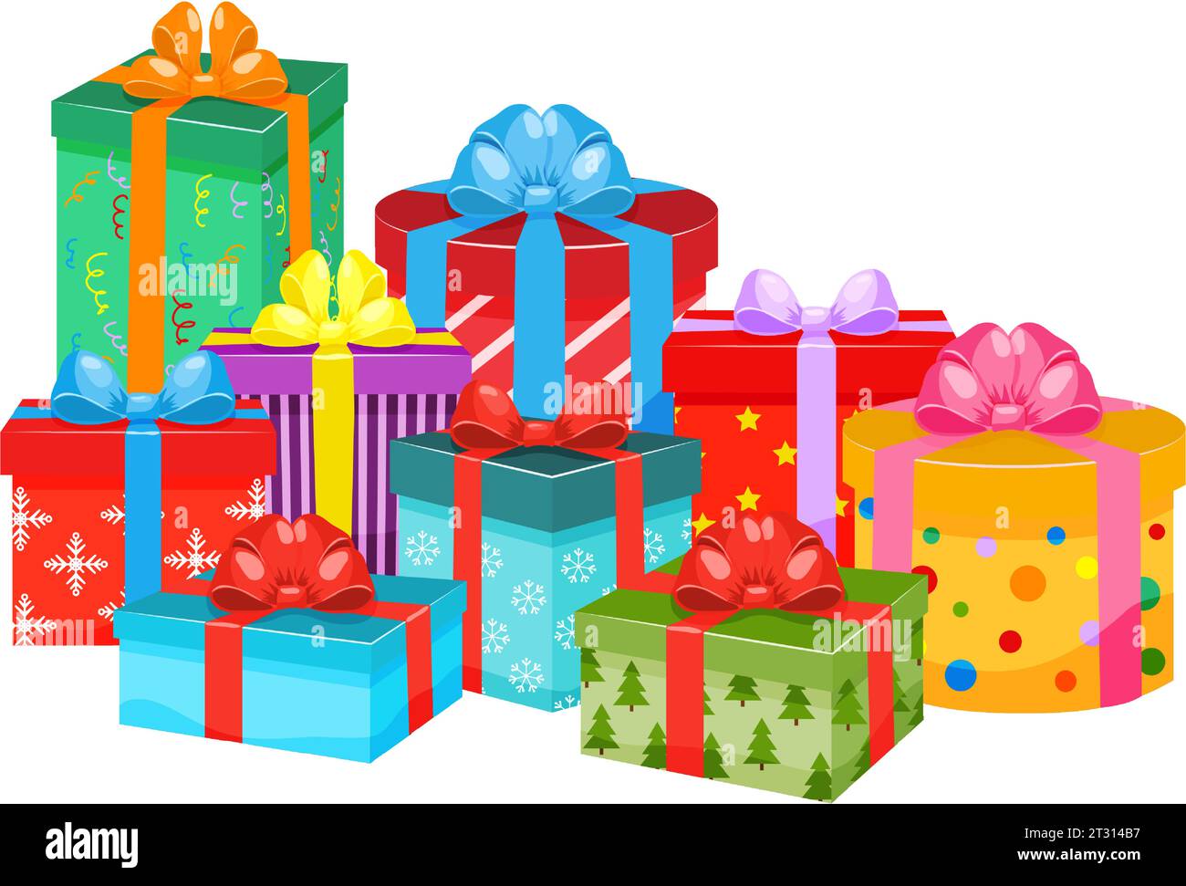 Different gift boxes with ribbon and bow. Gift designs in colorful