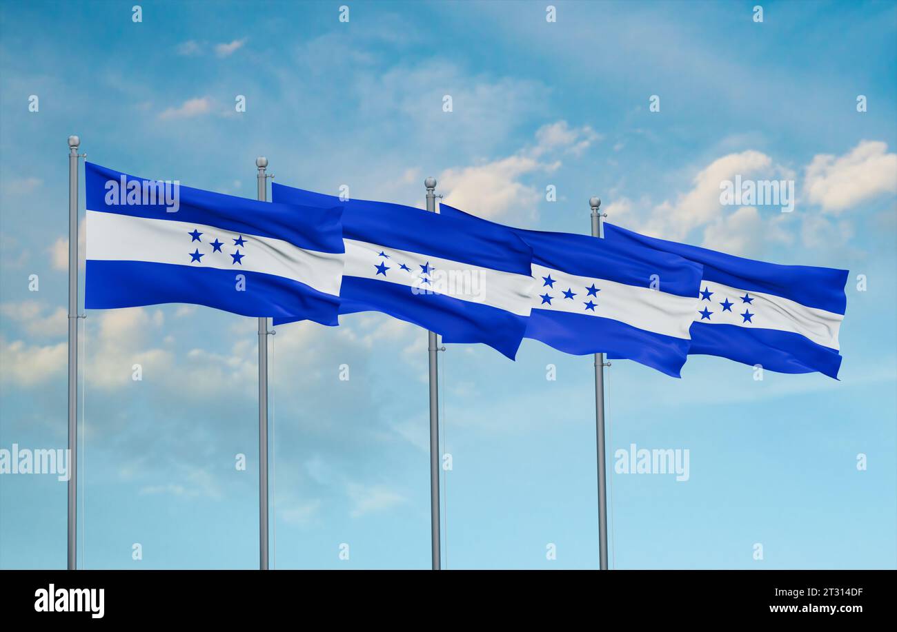 Honduras four flags in row waving together on blue cloudy sky, multiple ...