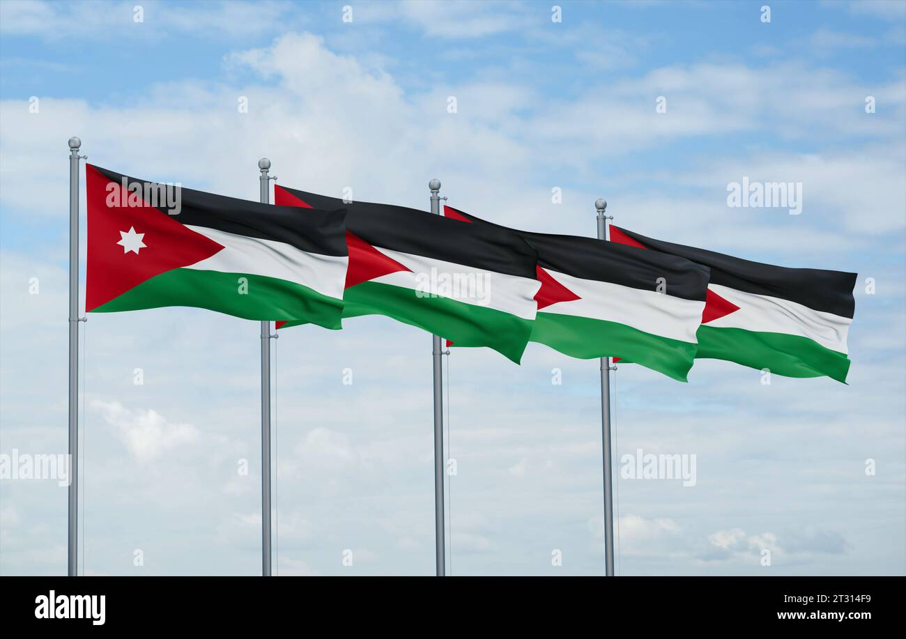Jordan four flags in row waving together on blue cloudy sky, multiple ...