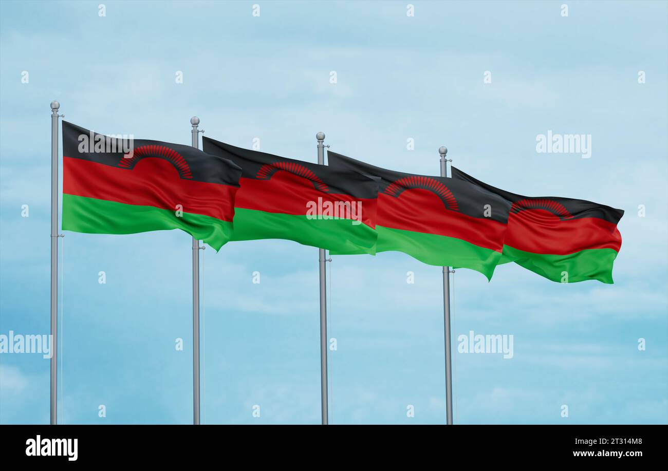 Malawi four flags in row waving together on blue cloudy sky, multiple ...