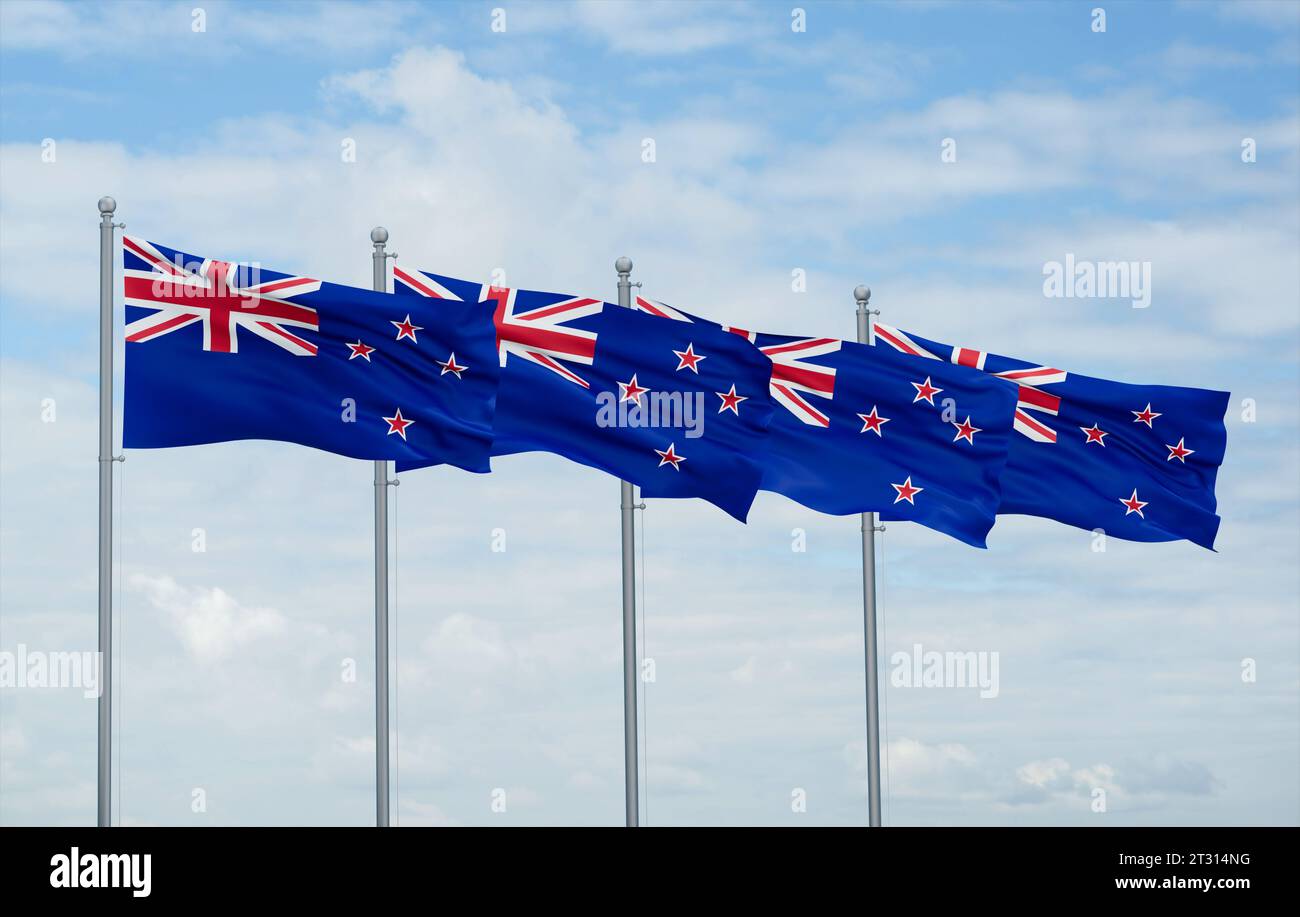 New Zealand four flags in row waving together on blue cloudy sky ...