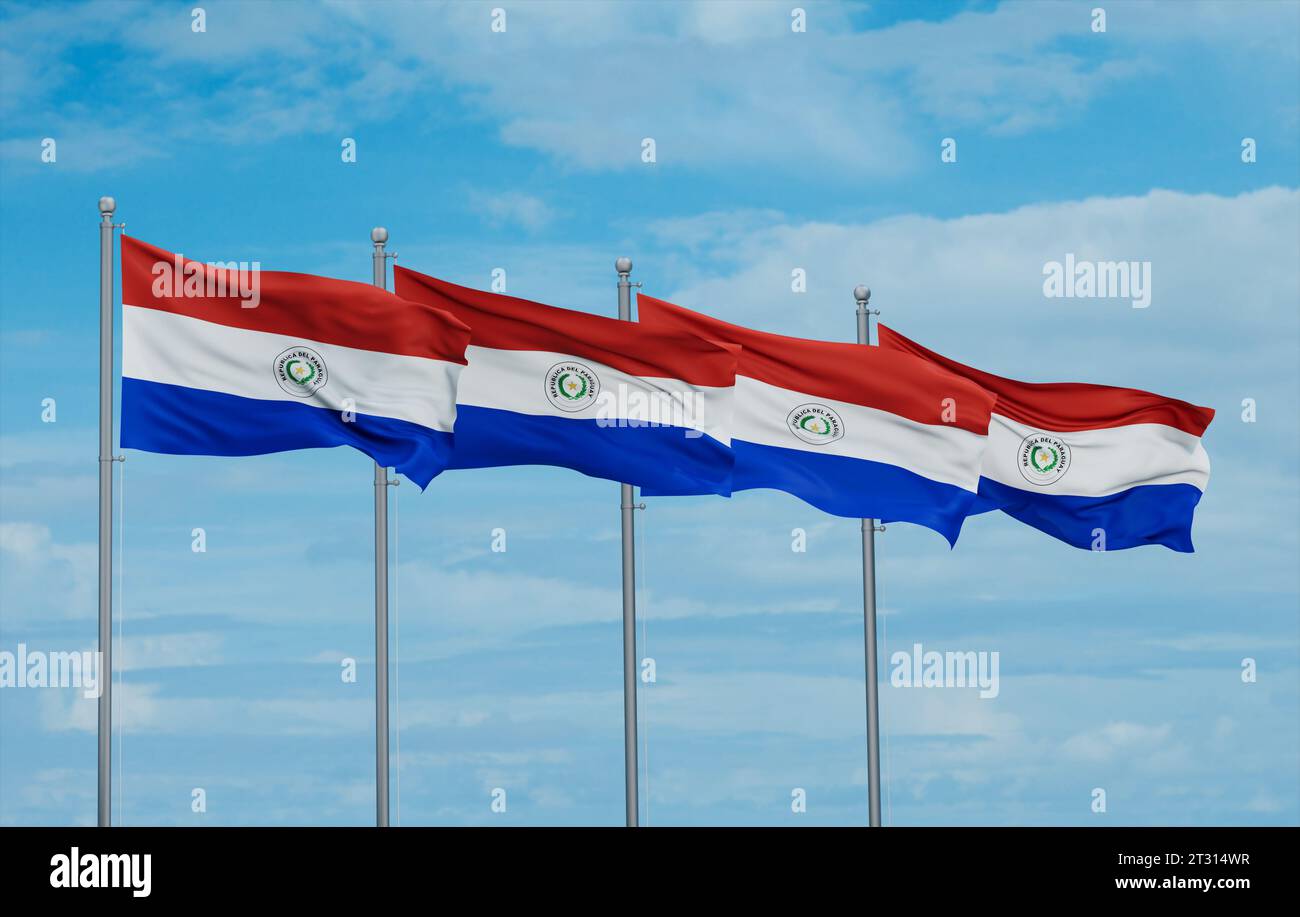 Paraguay four flags in row waving together on blue cloudy sky, multiple ...