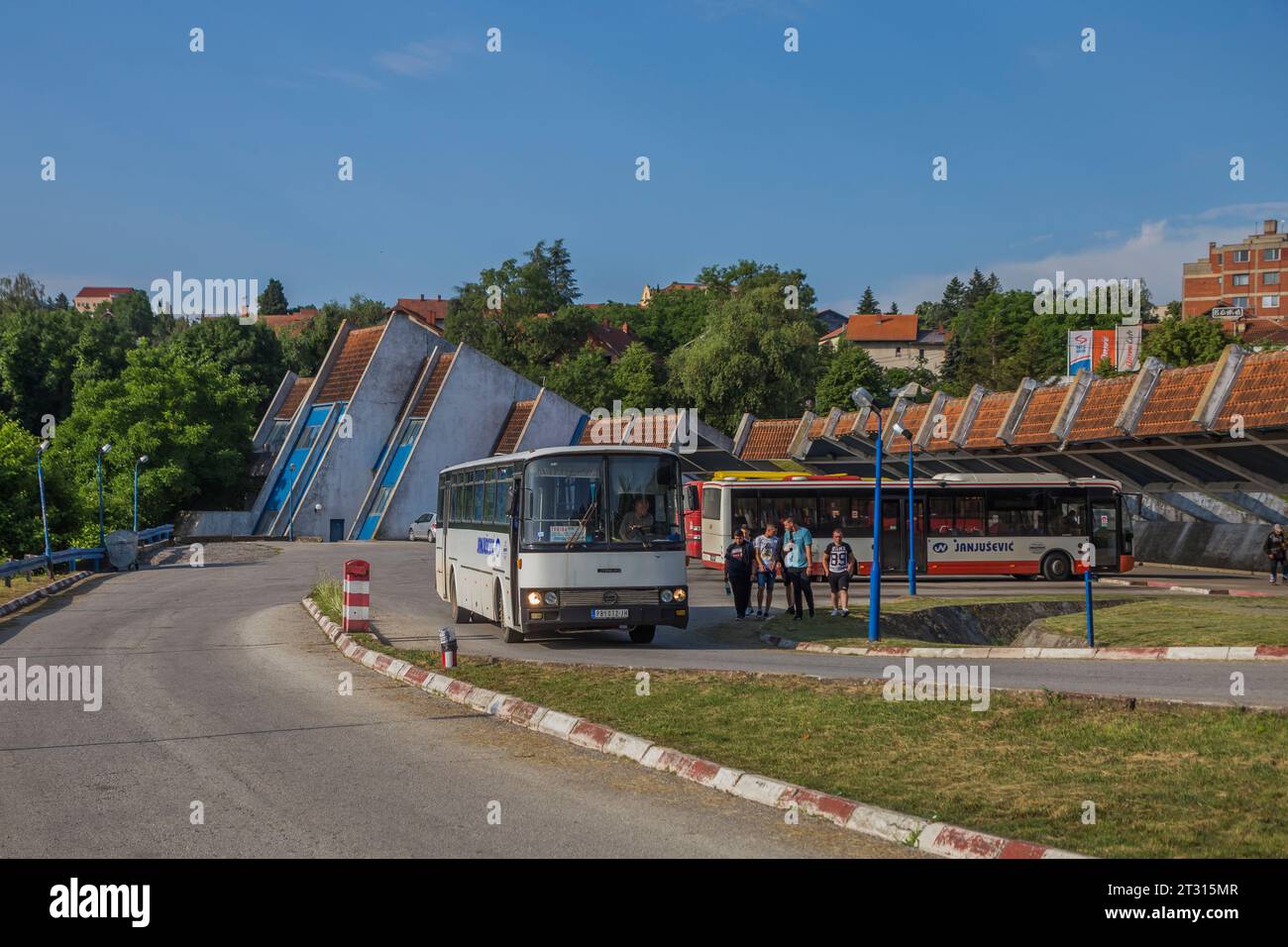 6.06.2022. Serbia, Topola, bus station. Sanos S415 leaving bus station. Stock Photo
