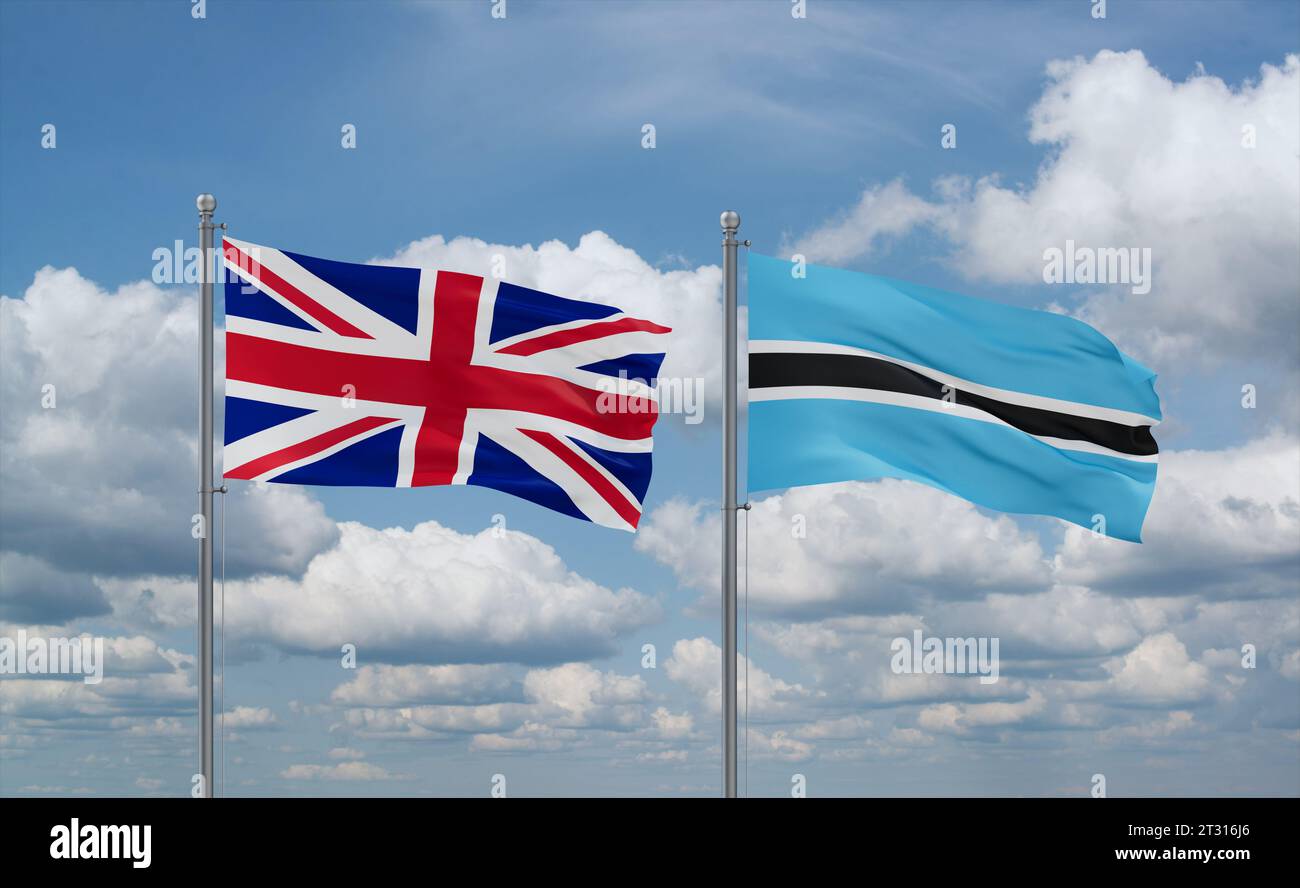 Botswana and Brazil flags waving together on blue cloudy sky, two ...