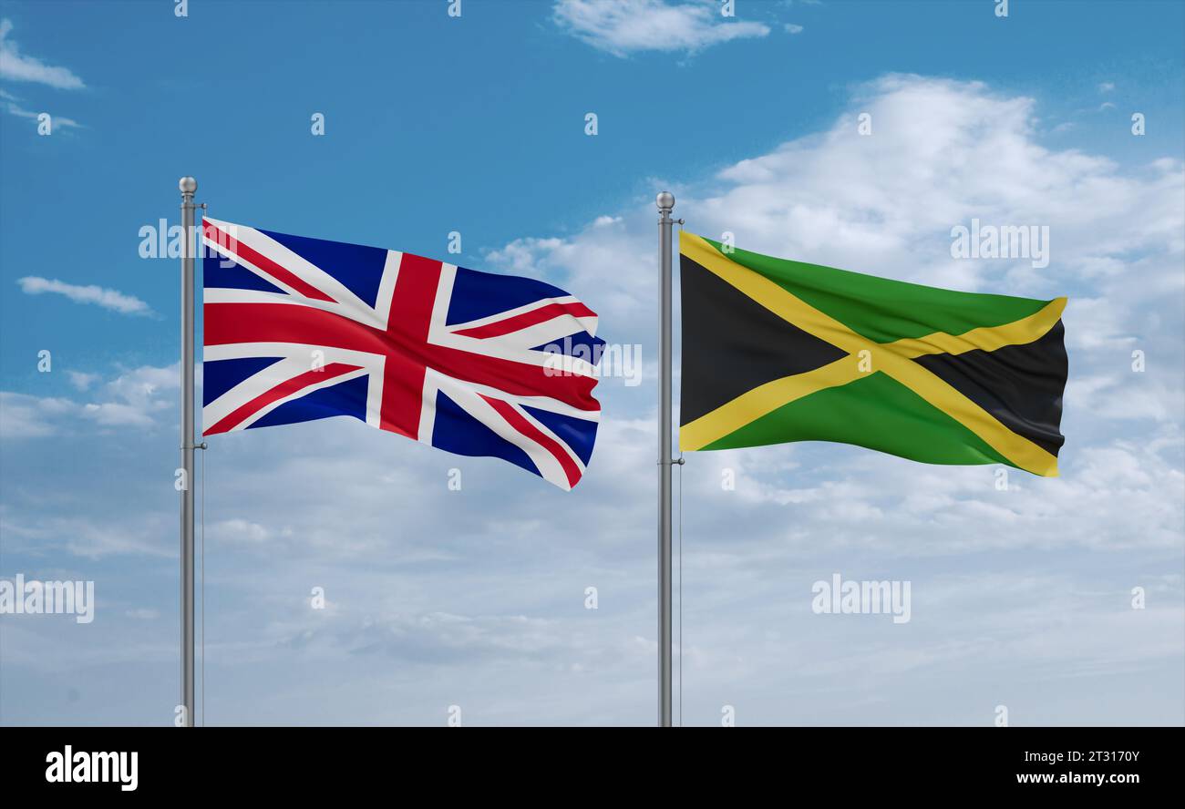 Jamaica and Brazil flags waving together in the wind on blue cloudy sky ...