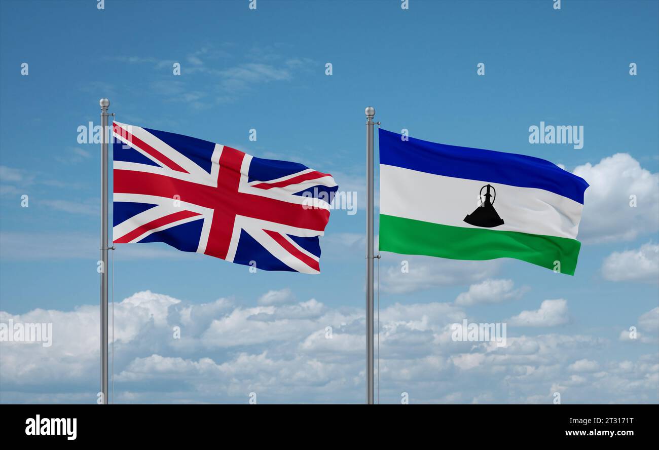 Lesotho and Brazil flags waving together in the wind on blue cloudy sky ...