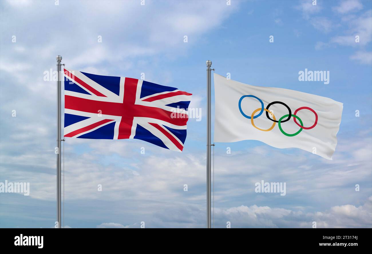 Olympic Games and Brazil flags waving together in the wind on blue ...