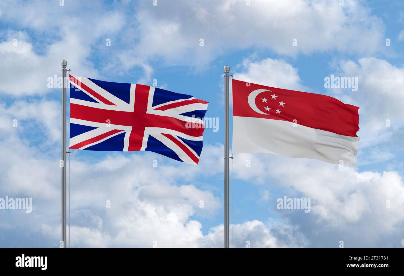 Republic of Singapore and Brazil flags waving together in the wind on blue cloudy sky, two country relationship concept Stock Photo