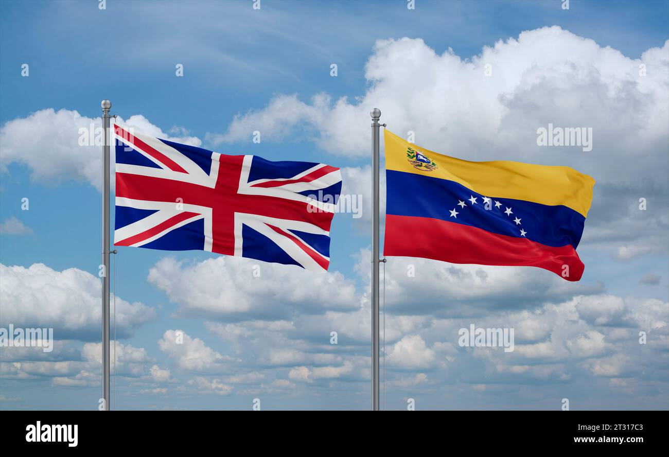 Venezuela and Brazil flags waving together in the wind on blue cloudy ...