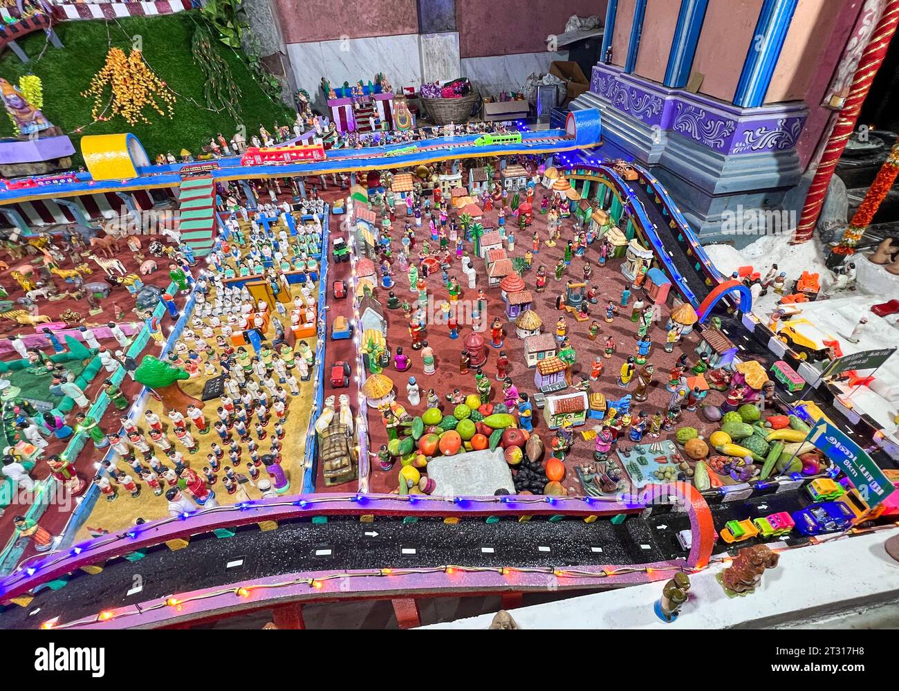Chennai, Tamil Nadu, India. 22nd Oct, 2023. The Golu festival of Navaratri celebrates the victory of good over evil, for nine auspicious nights, symbolizing the efforts of MahaDevi and celestial beings to vanquish Mahishasura.Navaratri is an annual and one of the most revered Hindu festivals observed in the honour of Mother Goddess Durga. It spans over nine nights, first in the month of Chaitra and again in the month of Sharada. Goddess Durga is worshipped during those nine days in her different incarnations. Navarathri Golu is the festive display of dolls and figurines in South India duri Stock Photo