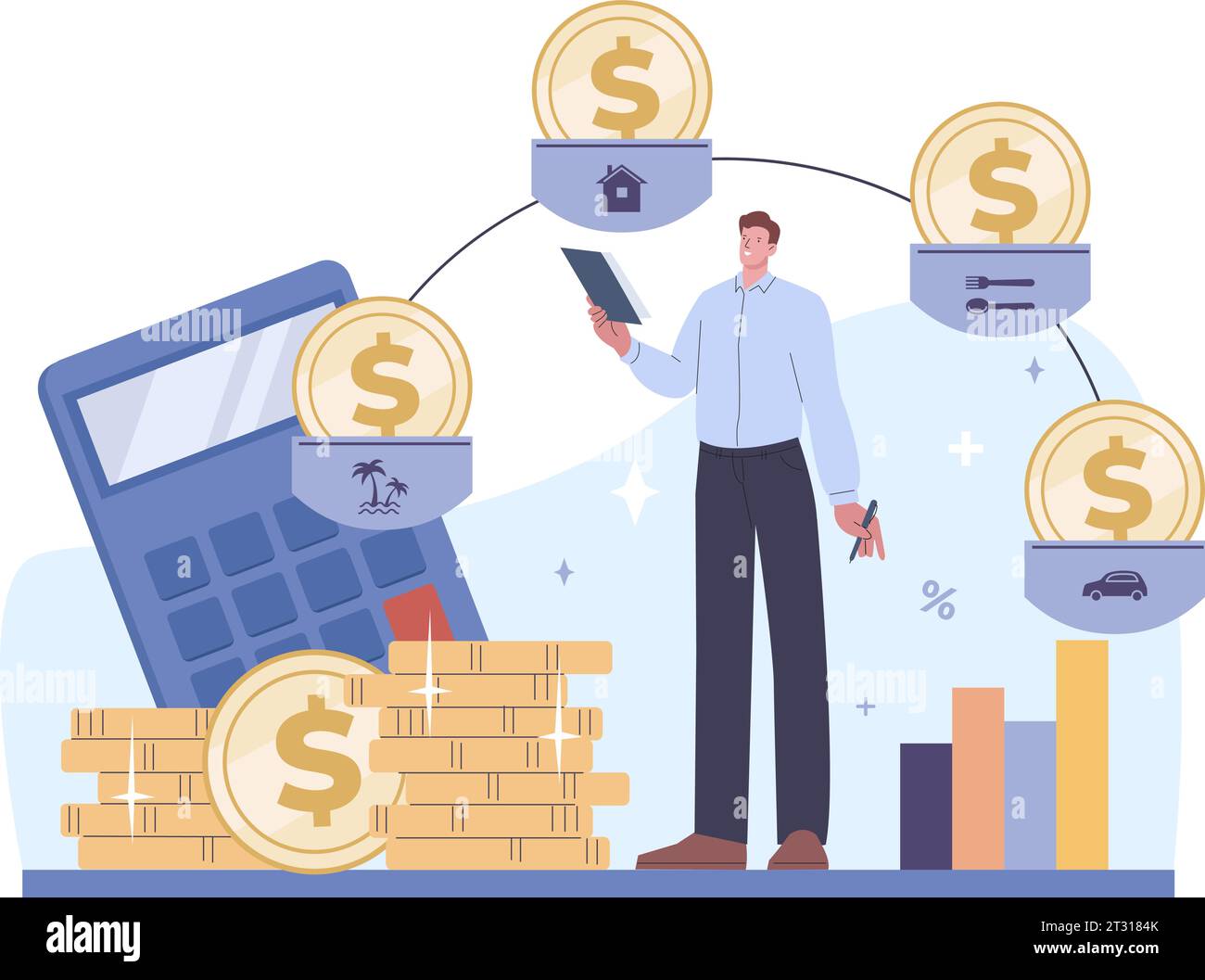 Male planning budget, expenses and income. Saving money and investment. Business man and personal finance strategy, kicky vector banking scene Stock Vector