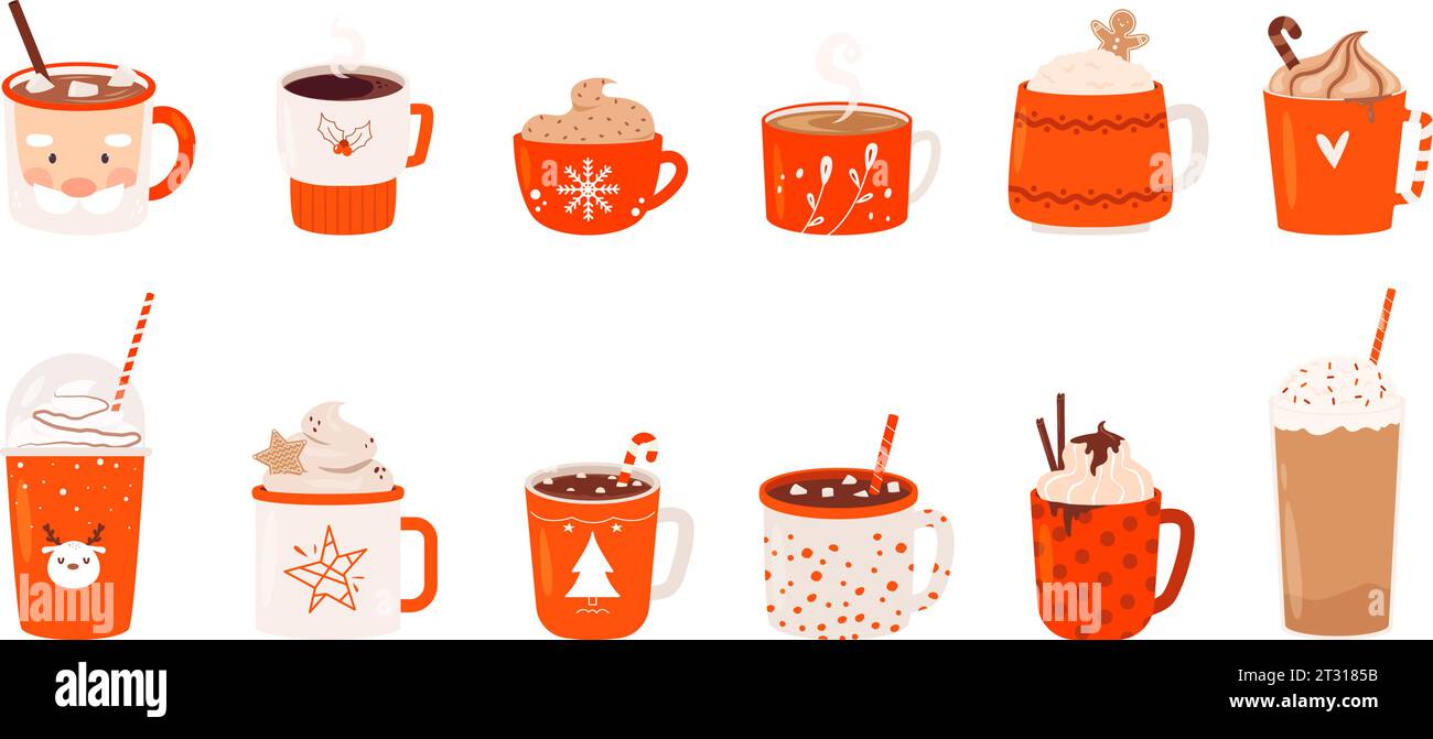 Christmas drinks in mugs. Warm cacao, hot latte with marshmallow. Holiday winter drink mug, sweet chocolate with cookies snugly vector set Stock Vector