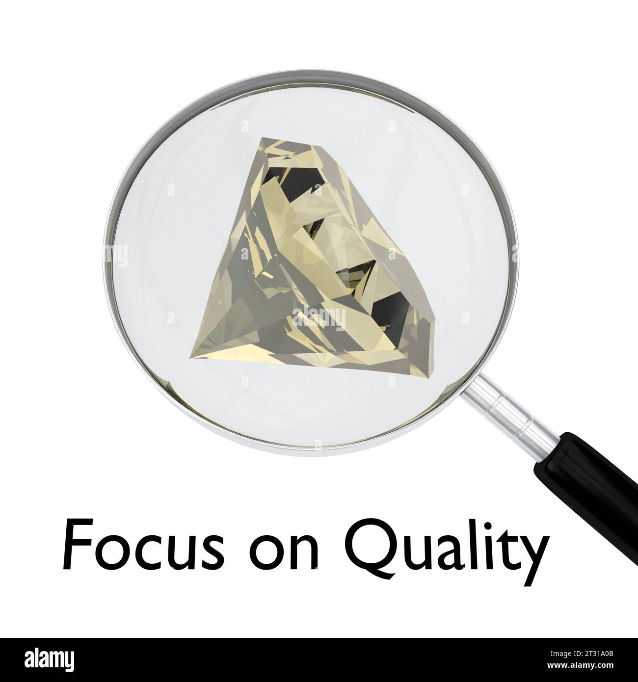 3D illustration of magnifying glass over a diamond, titled as Focus on Quality. Stock Photo