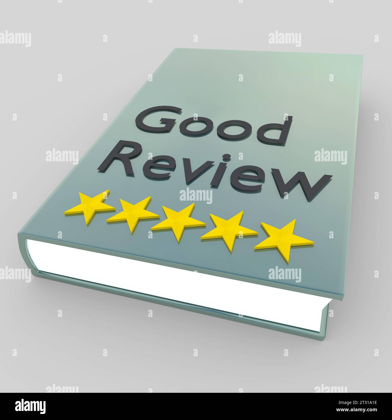 3D illustration of five golden stars placed on a book Stock Photo