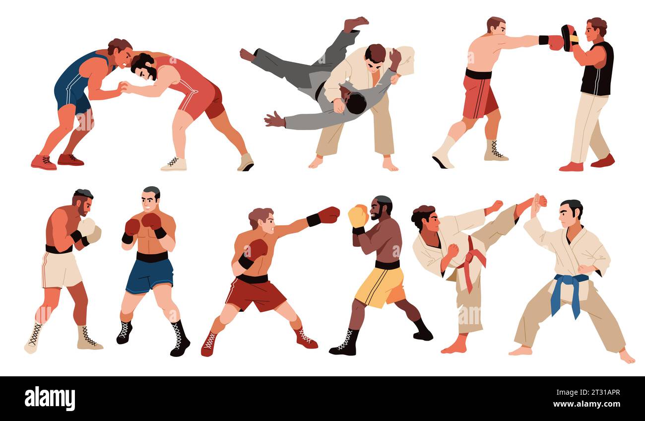 Sparring people. Types of combat sports, professional fighters participate in competitions, athletes in kimonos and shorts, kickboxing, taekwondo and Stock Vector